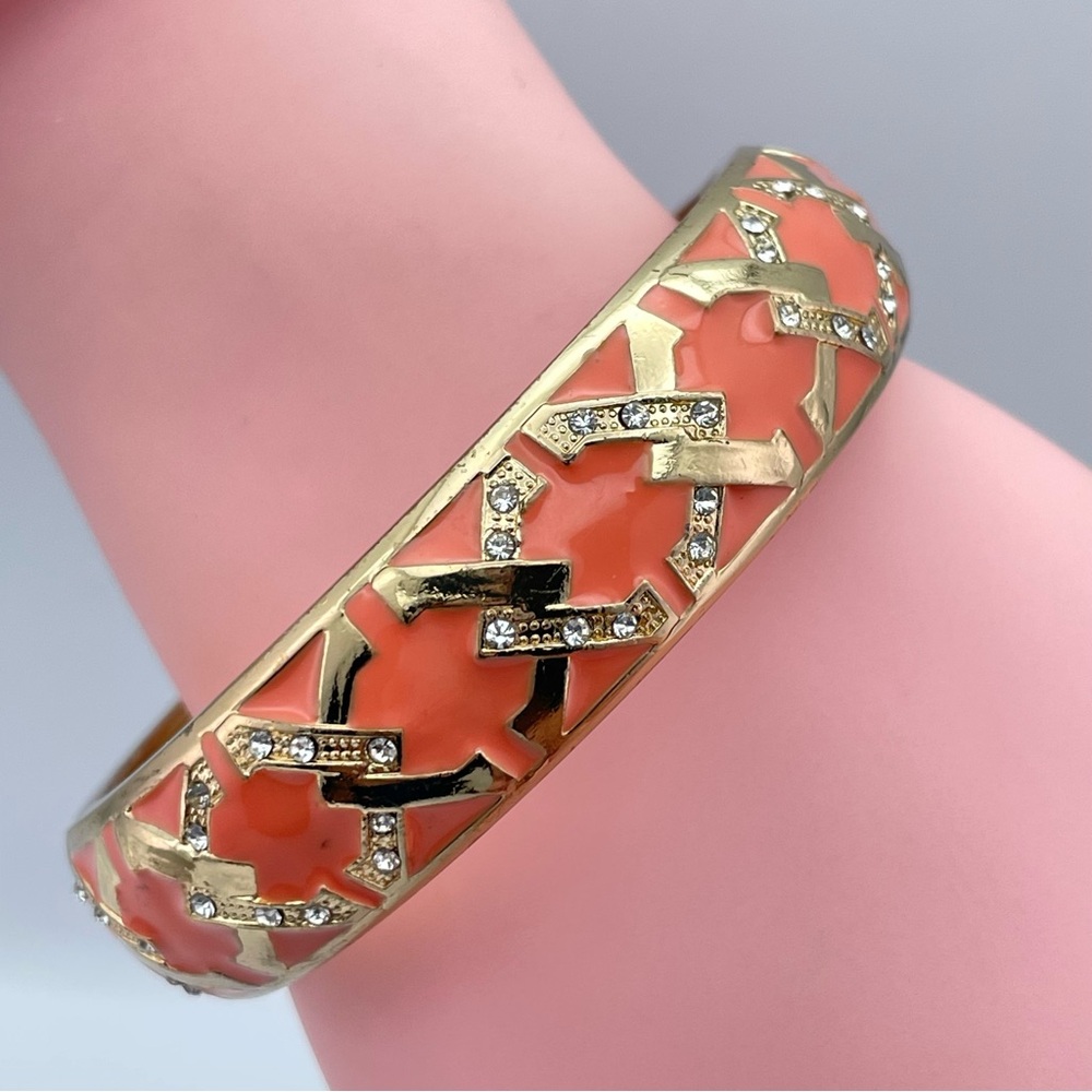 Coral Enamel Gold Tone Hinge Bangle Bracelet with Rhinestone Accents